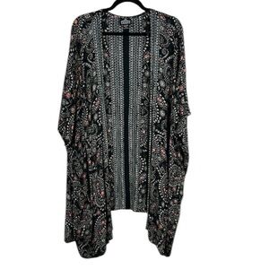Angie Boho Artsy Floral Longline Open Front Oversized Kimono Medium Black
